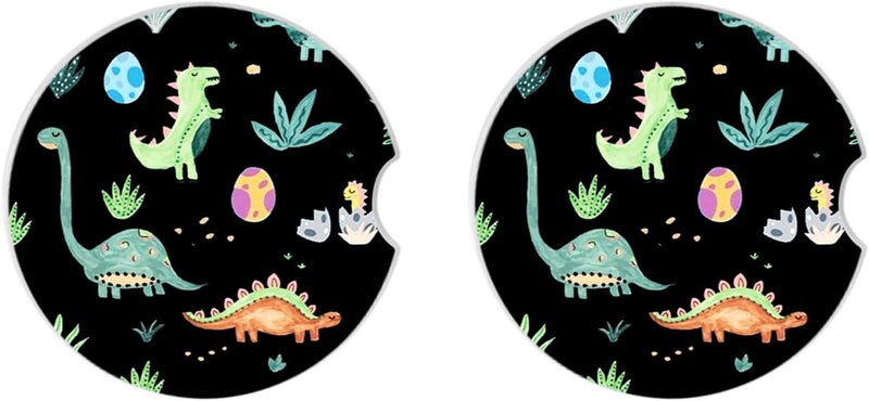 Adastrah Cute Dinosaur Graffiti Ceramic Cup Holders - Pack of 2, Keep Cup Holders Clean and Dry, Drink Cup Car Holder Coasters with A Finger Notch - Image 2